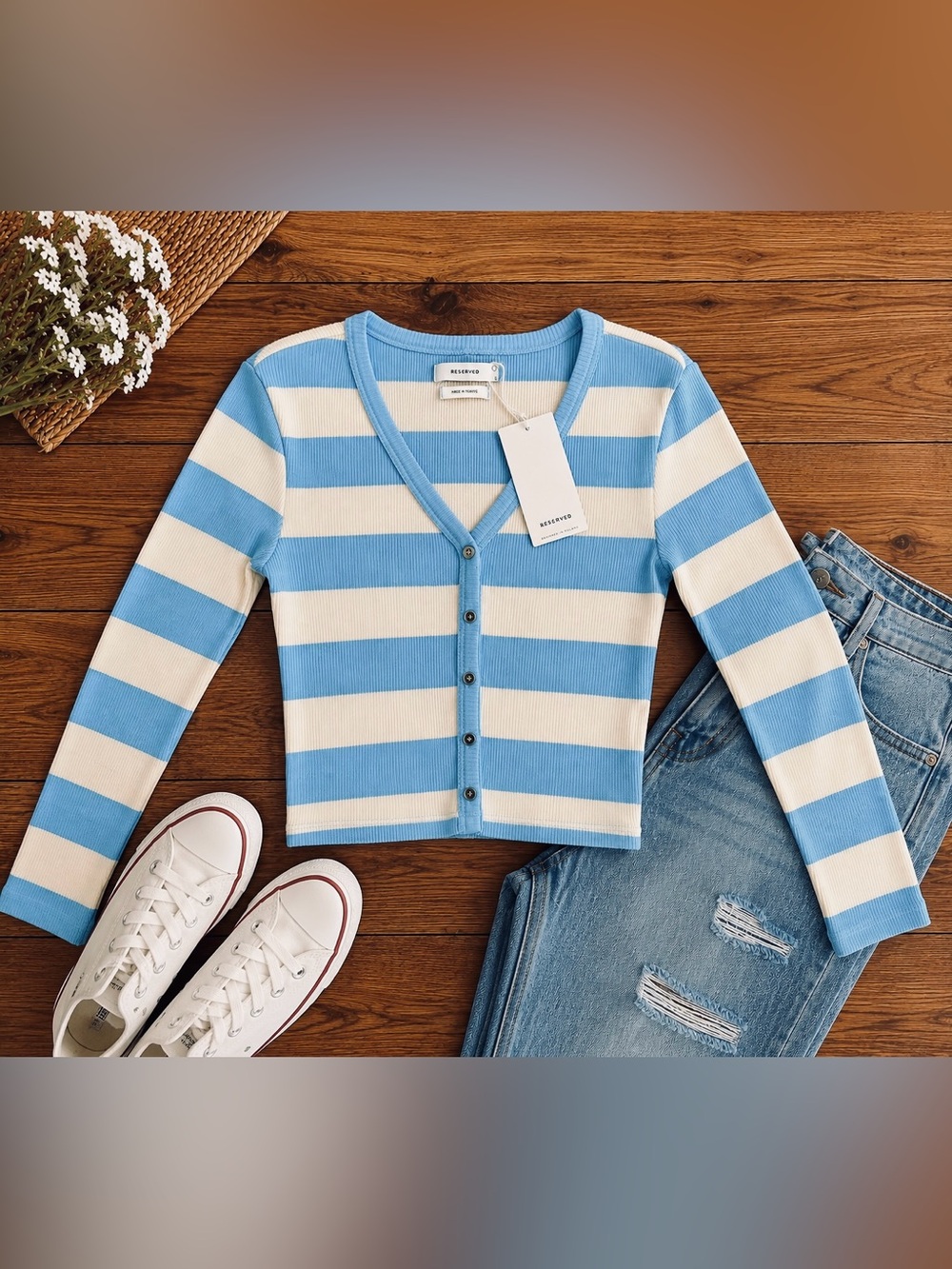 Reserved Blue & Cream Striped Ribbed Cardigan Top Size S NWT